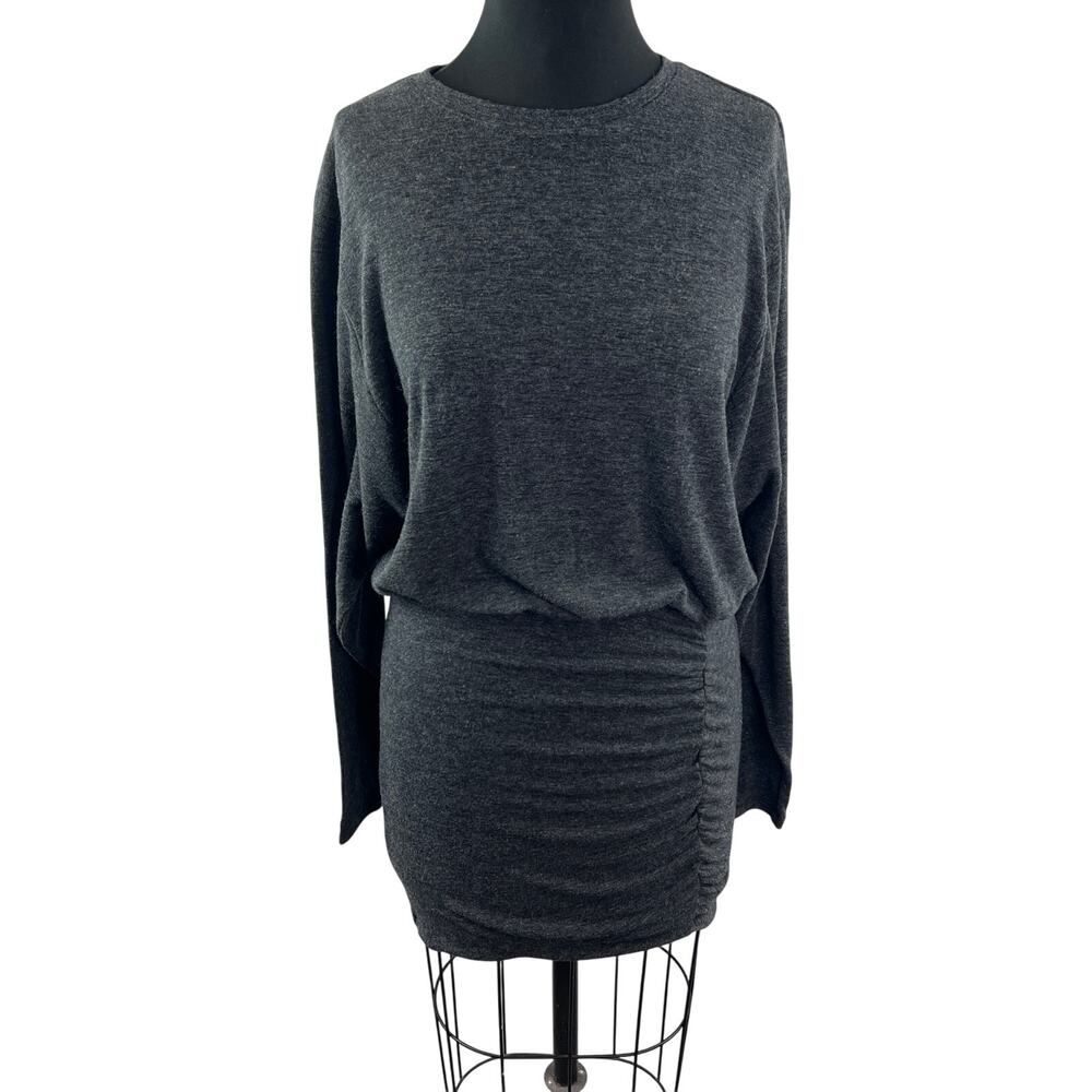 Something Navy Gray Tulip Dress Stretch Ruched Crew Neck Drop Shoulder S Small